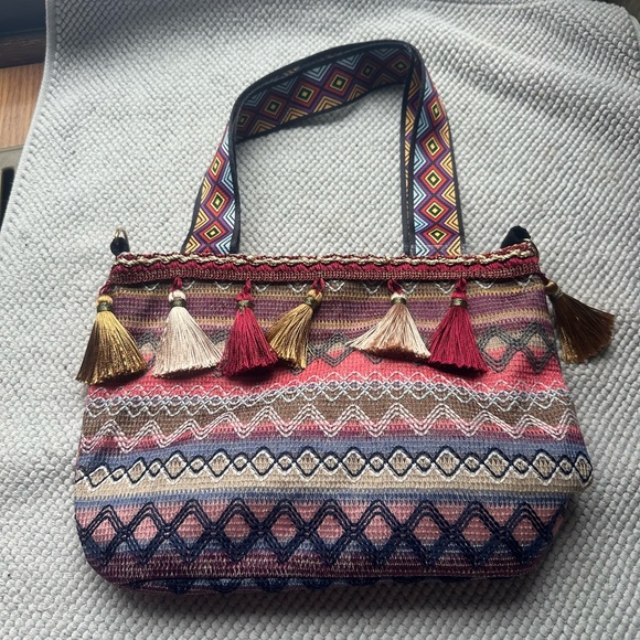 Handbags - Boho Tassel Jacquard Tote Bag in Pink Multicolor